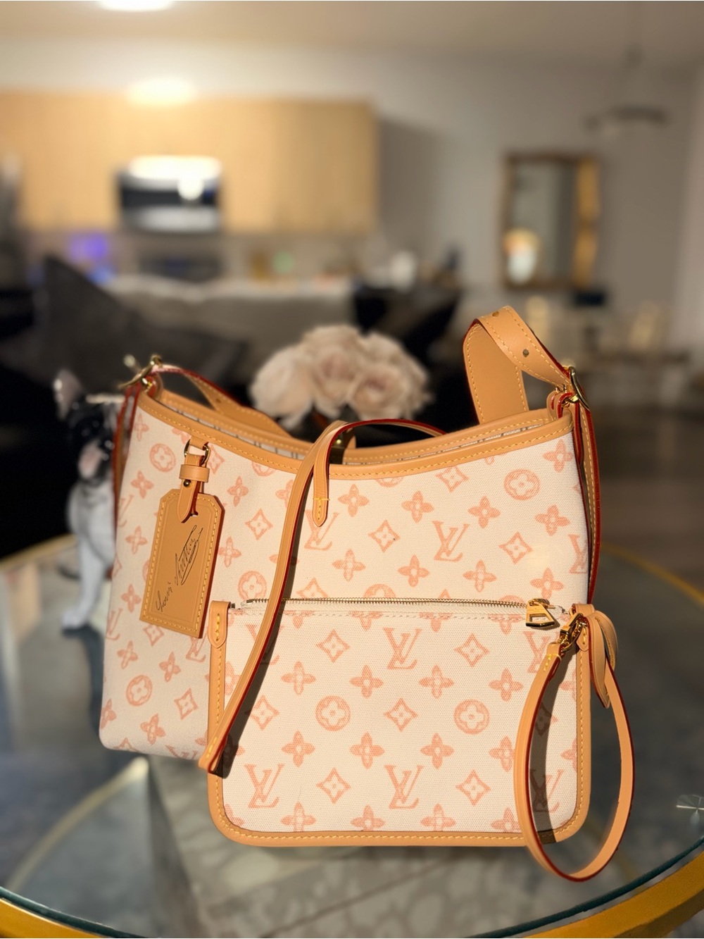 Carryall PM Monogram Canvas Shoulder Bag in Light cream/beige and Tan